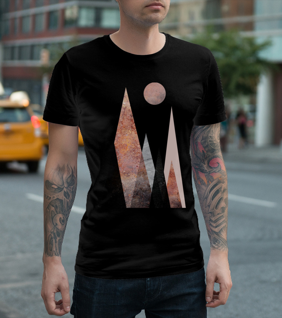 Nordic Mountain Sunset Scene With Geometric Peaks And Moon T-Shirt