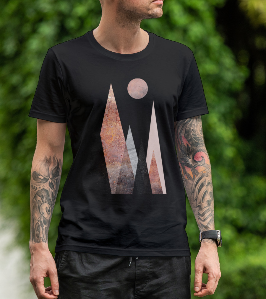 Nordic Mountain Sunset Scene With Geometric Peaks And Moon T-Shirt
