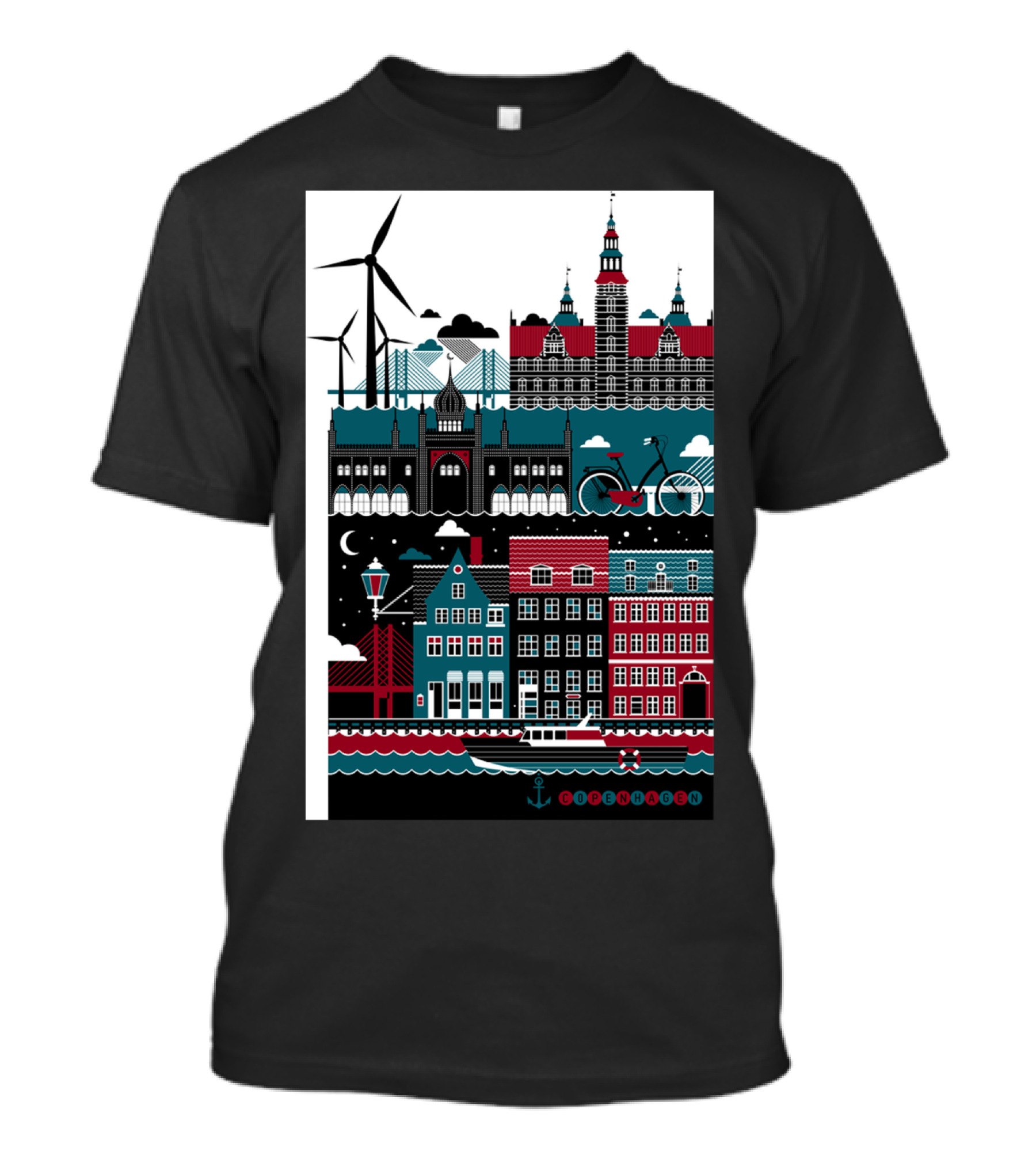 Copenhagen Windmills Bike And Buildings Coastal Night Scene T-Shirt