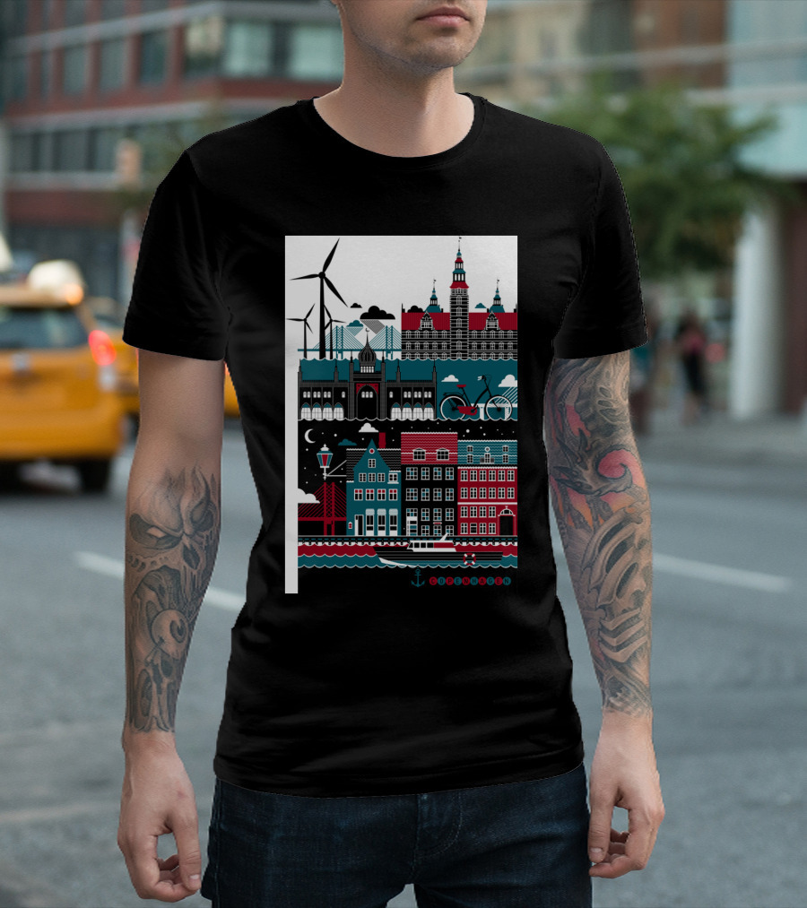 Copenhagen Windmills Bike And Buildings Coastal Night Scene T-Shirt