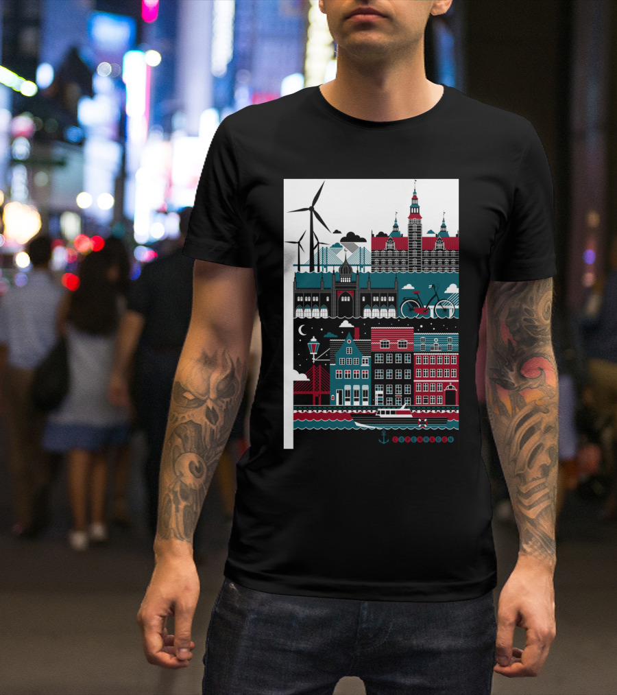 Copenhagen Windmills Bike And Buildings Coastal Night Scene T-Shirt