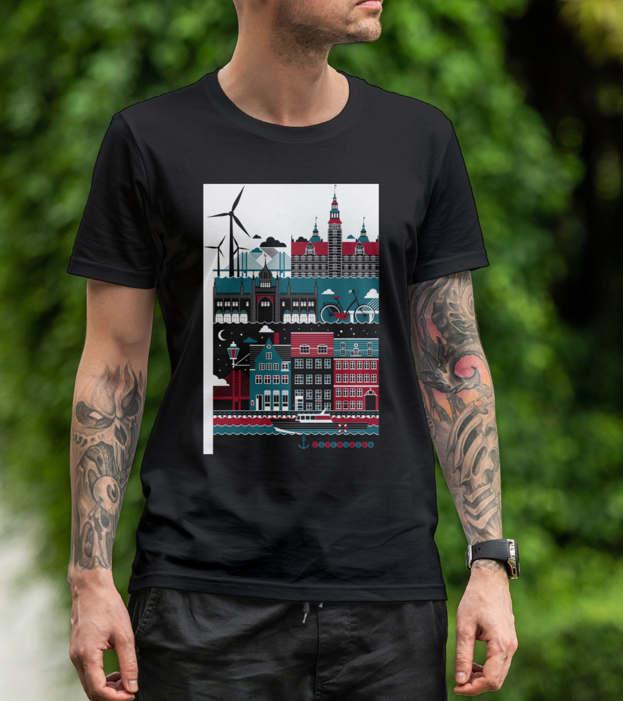 Copenhagen Windmills Bike And Buildings Coastal Night Scene T-Shirt