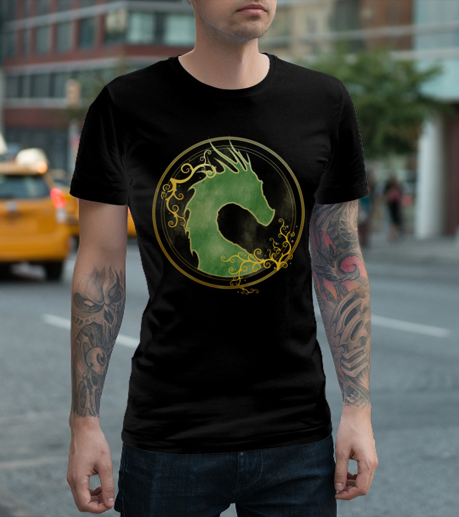 Forest Dragon Green Emblem With Floral Swirls T-Shirt
