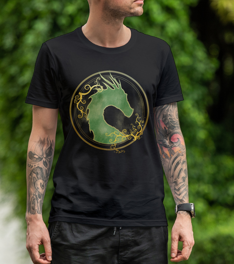 Forest Dragon Green Emblem With Floral Swirls T-Shirt