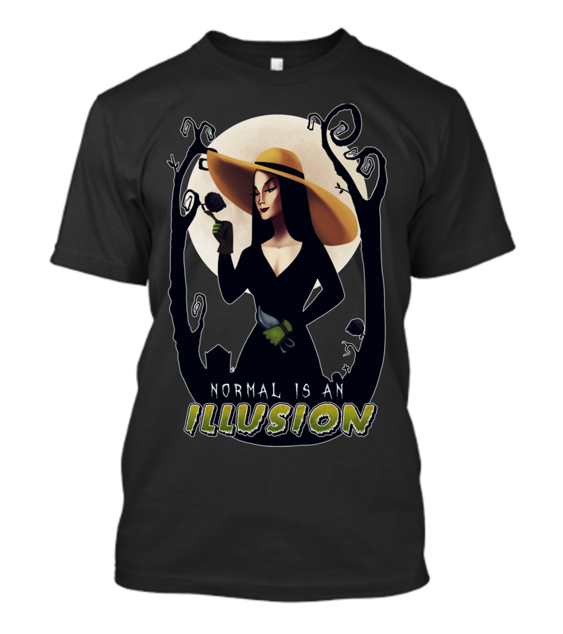 Normal Is An Illusion Gothic Woman With Black Rose And Moon T-Shirt