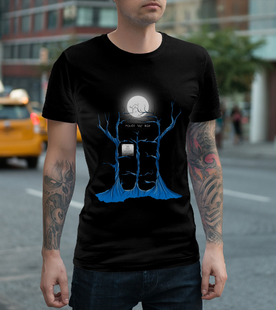 TARDIS Blue Trees Police Public Call Box Moonlight Forest T-Shirt