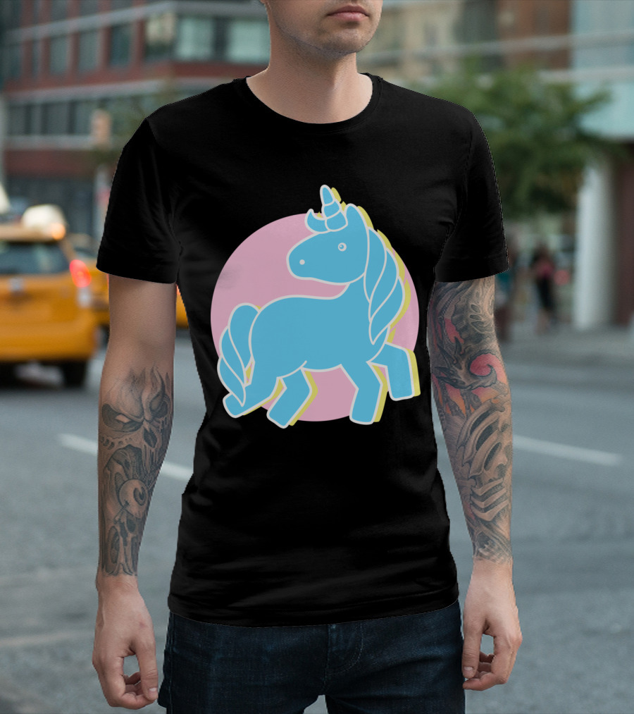 Blue Unicorn In Pink Circle T-Shirt