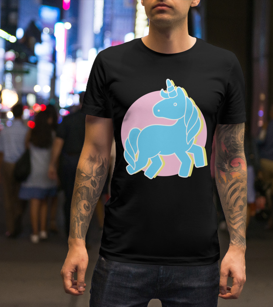 Blue Unicorn In Pink Circle T-Shirt