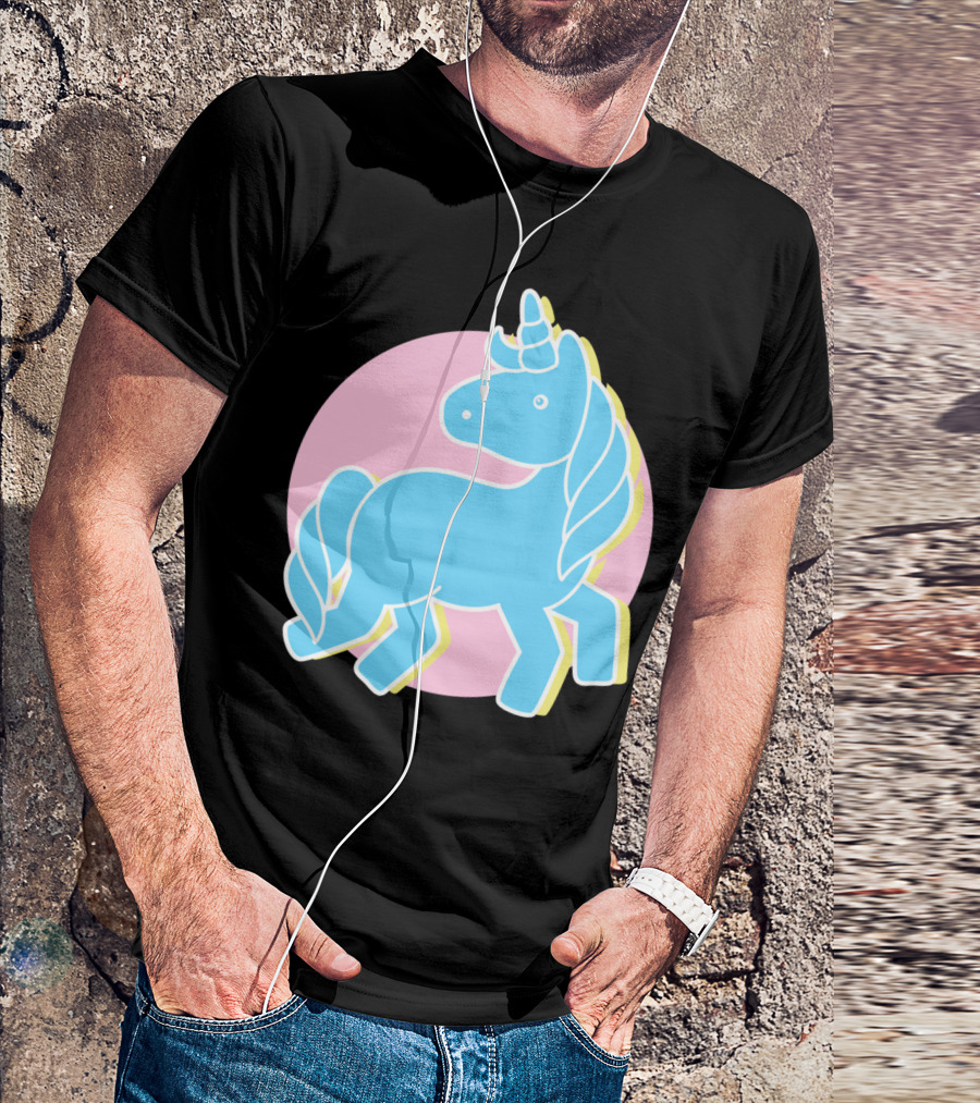 Blue Unicorn In Pink Circle T-Shirt