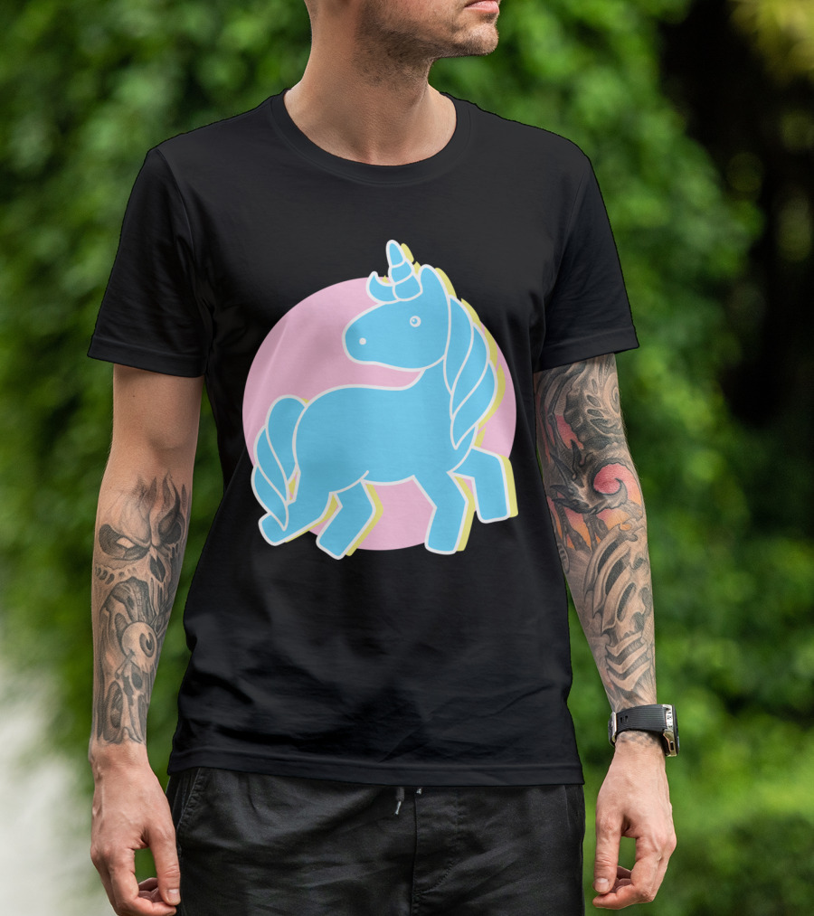 Blue Unicorn In Pink Circle T-Shirt