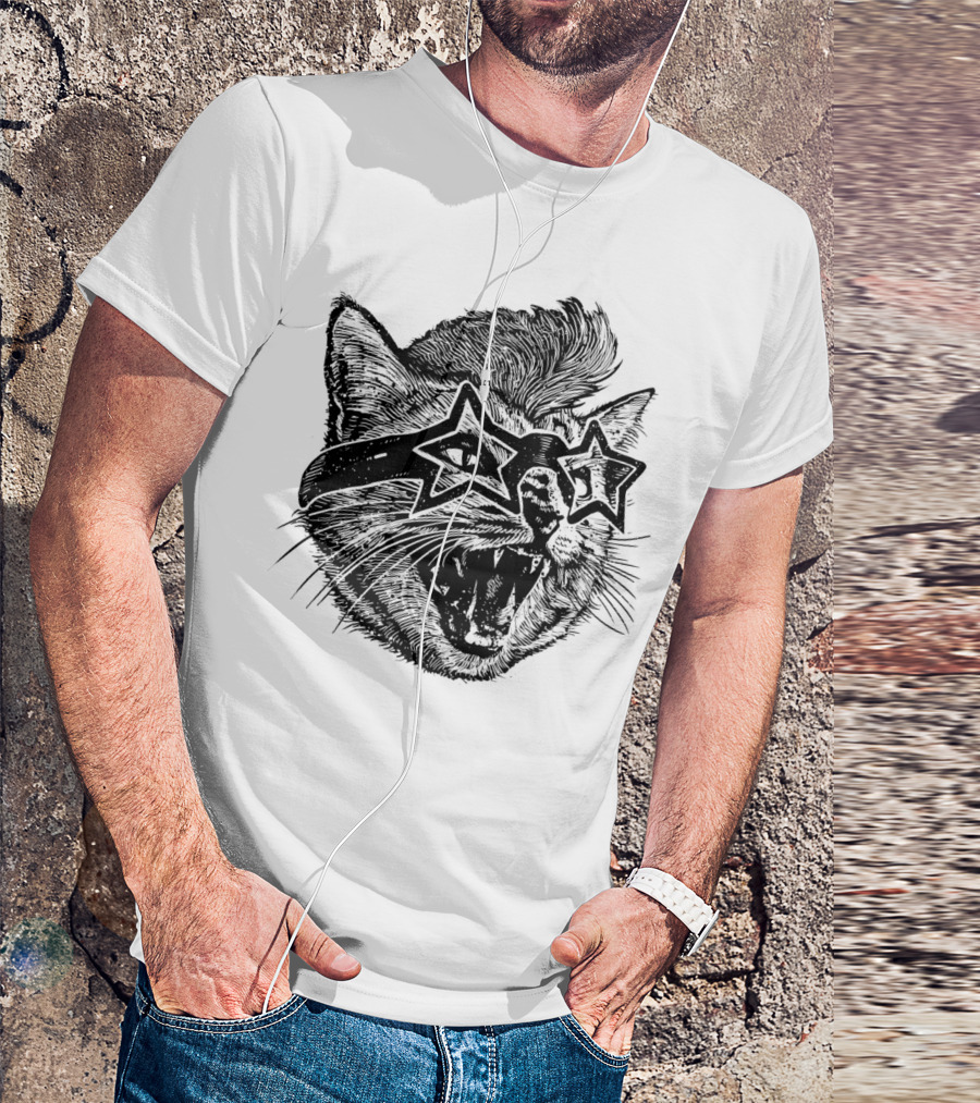 Angry Cat Star Glasses Roaring Feline T-Shirt