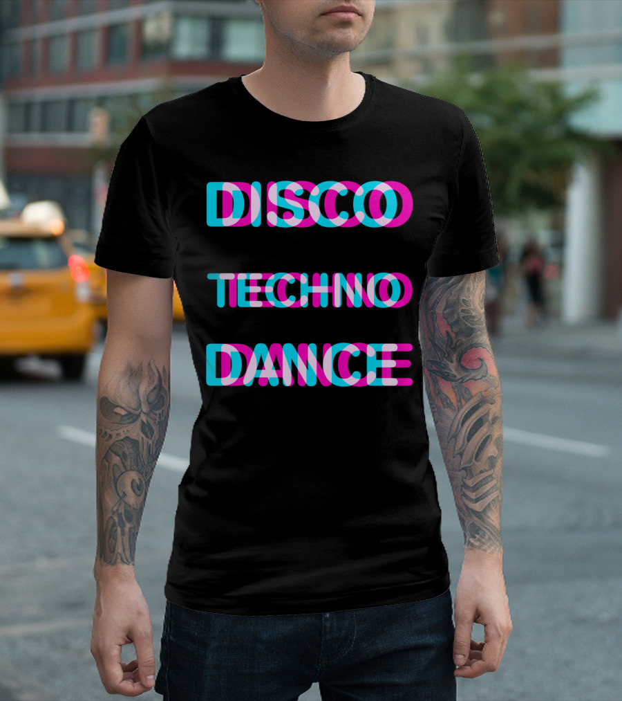Disco Techno Dance Block Retro Vibrant Text Overlap T-Shirt