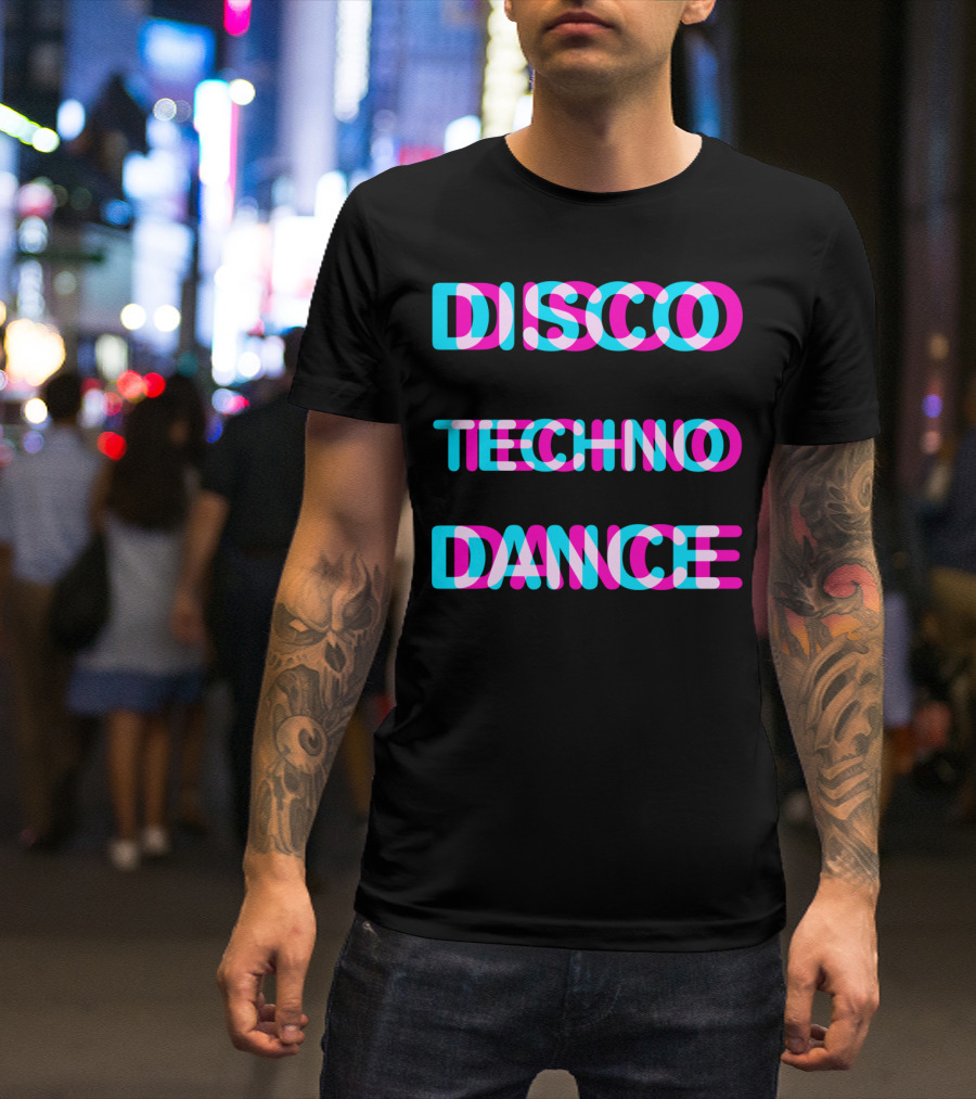Disco Techno Dance Block Retro Vibrant Text Overlap T-Shirt