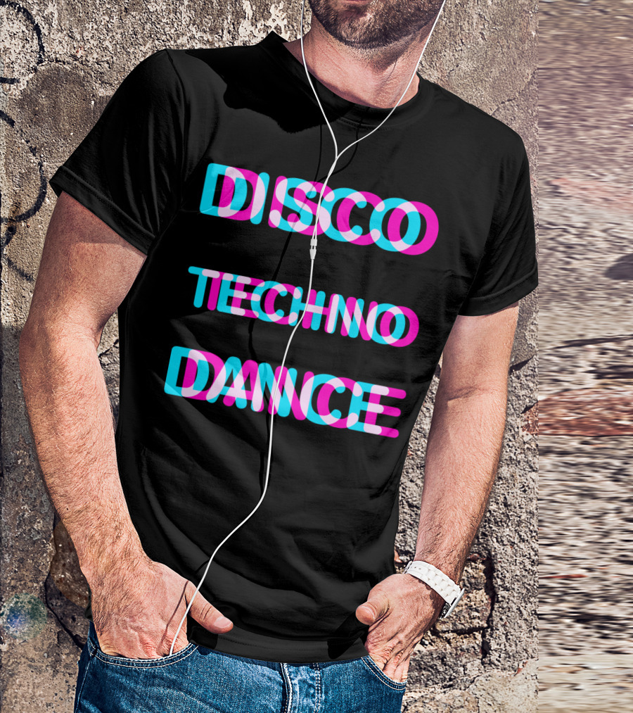 Disco Techno Dance Block Retro Vibrant Text Overlap T-Shirt