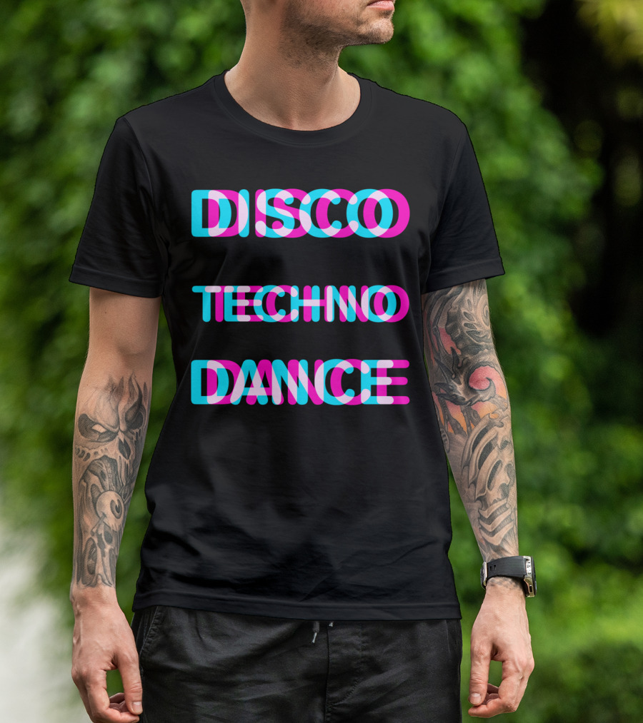 Disco Techno Dance Block Retro Vibrant Text Overlap T-Shirt
