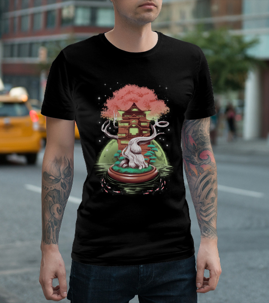 Cosmic Bonsai Tree with Japanese Pagoda and Koi Fish Under Starry Sky T-Shirt