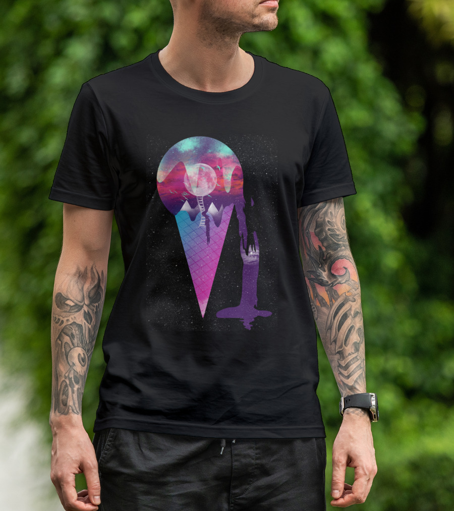 Cosmic Ice Cream Cone With Galactic Dripping Dreams And Mountains T-Shirt