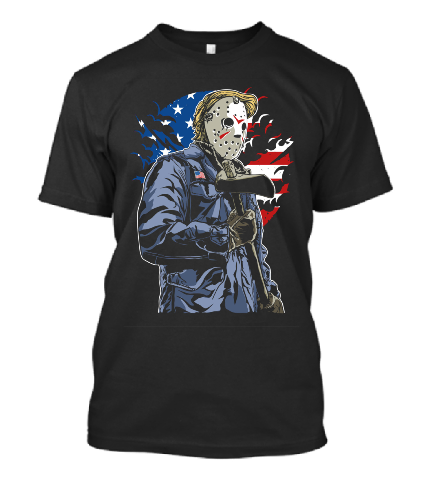 Man With Axe Hockey Mask American Flag Style Halloween T-Shirt