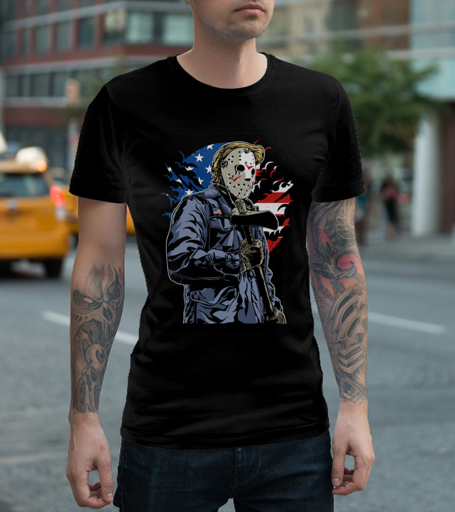 Man With Axe Hockey Mask American Flag Style Halloween T-Shirt