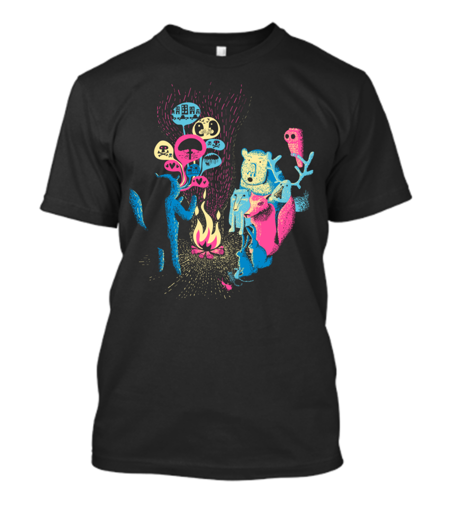 Firelight Tale With Forest Creatures And Symbolic Icons T-Shirt