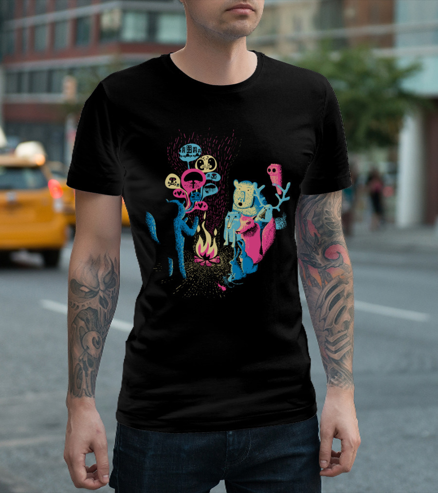 Firelight Tale With Forest Creatures And Symbolic Icons T-Shirt
