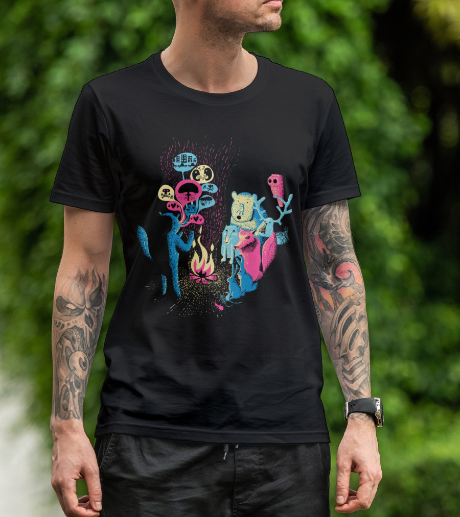 Firelight Tale With Forest Creatures And Symbolic Icons T-Shirt