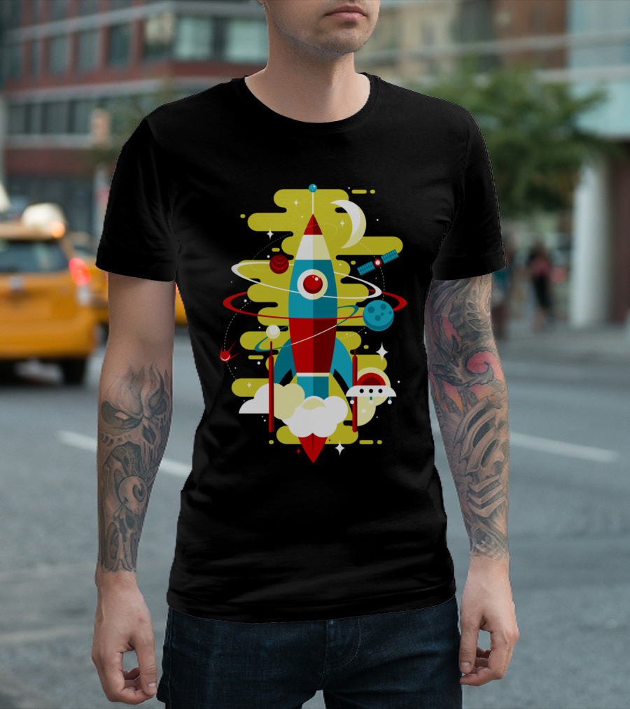 Cosmos Rocket Journey with Planets and Moon T-Shirt