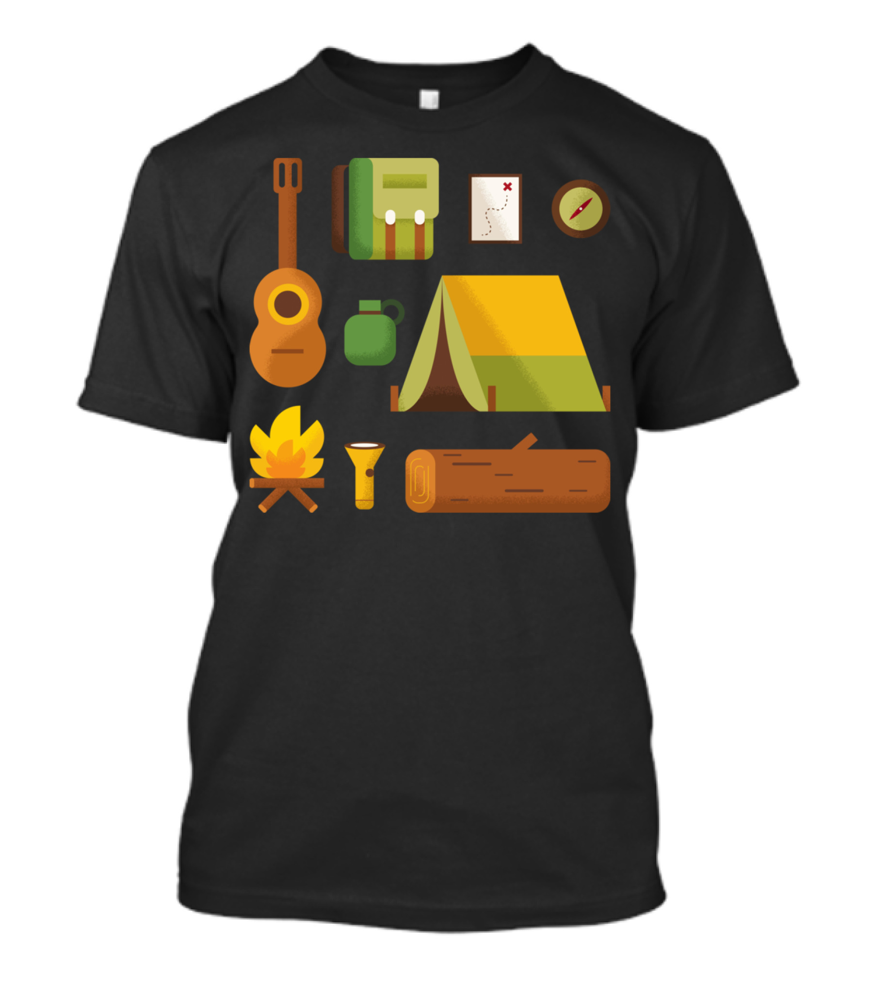 Camping Essentials Guitar Backpack Tent Map Compass Campfire Flashlight Log T-Shirt