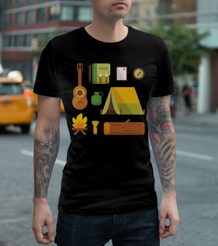 Camping Essentials Guitar Backpack Tent Map Compass Campfire Flashlight Log T-Shirt