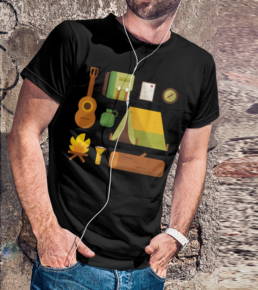 Camping Essentials Guitar Backpack Tent Map Compass Campfire Flashlight Log T-Shirt