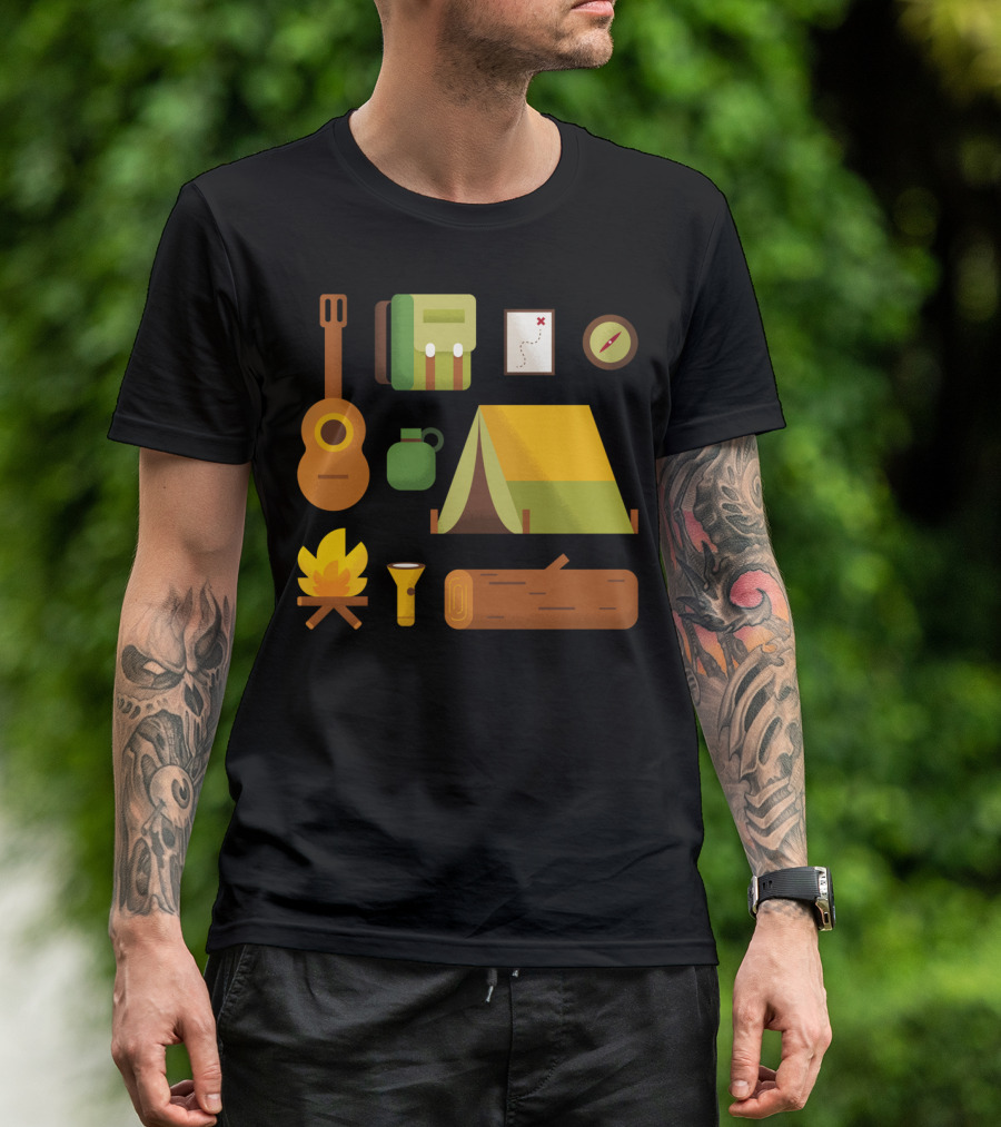 Camping Essentials Guitar Backpack Tent Map Compass Campfire Flashlight Log T-Shirt