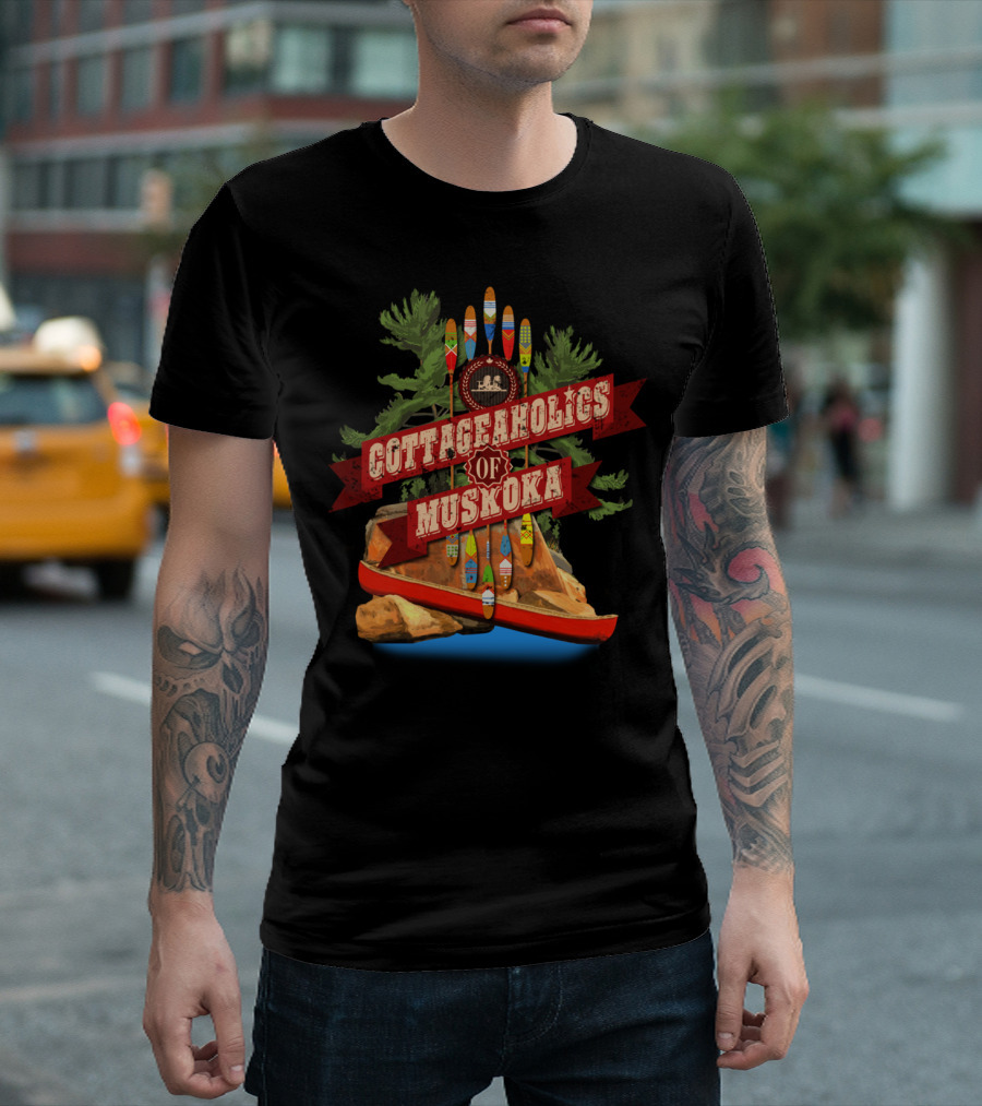 Cottageaholics Of Muskoka Paddle and Canoe Rock Scene T-Shirt
