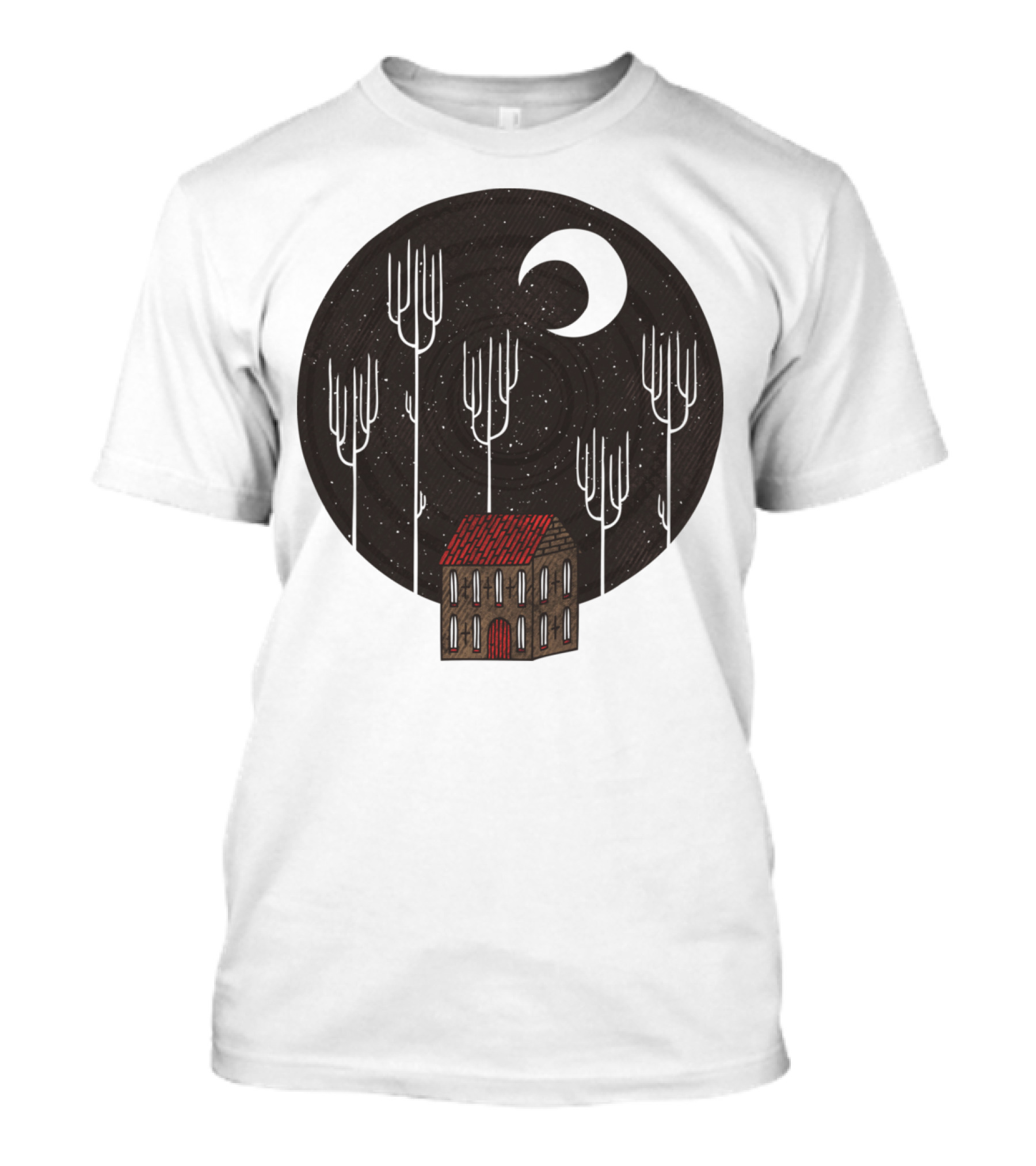 Another Night With Crescent Moon And Lonely House In The Dark Forest T-Shirt
