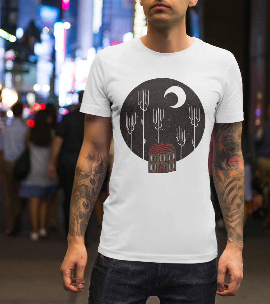Another Night With Crescent Moon And Lonely House In The Dark Forest T-Shirt