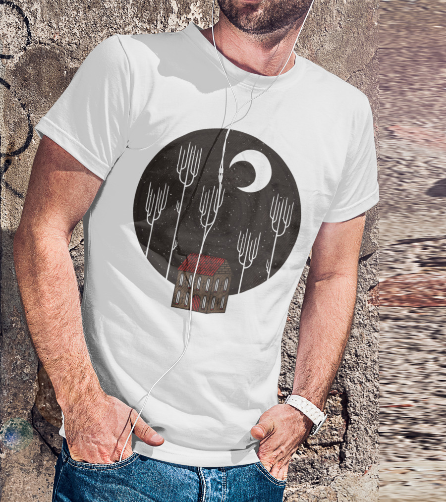 Another Night With Crescent Moon And Lonely House In The Dark Forest T-Shirt