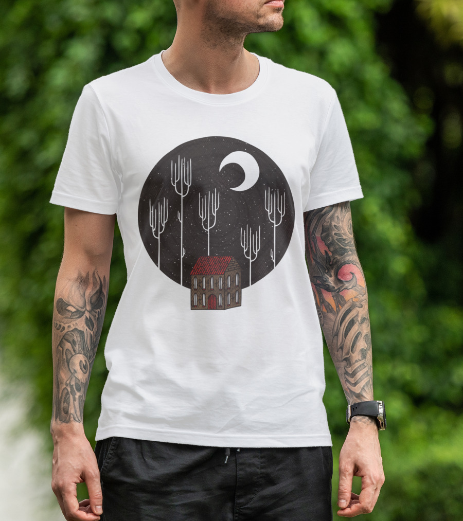 Another Night With Crescent Moon And Lonely House In The Dark Forest T-Shirt