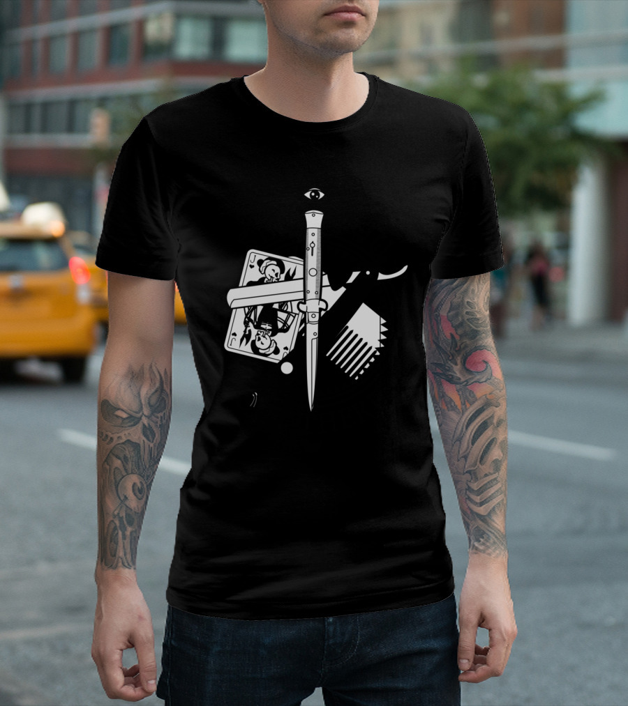 See You Out There Boho Hipster Dead Man Gambler Accessories Poker Cards Knife Comb Razor Eye Skull T-Shirt