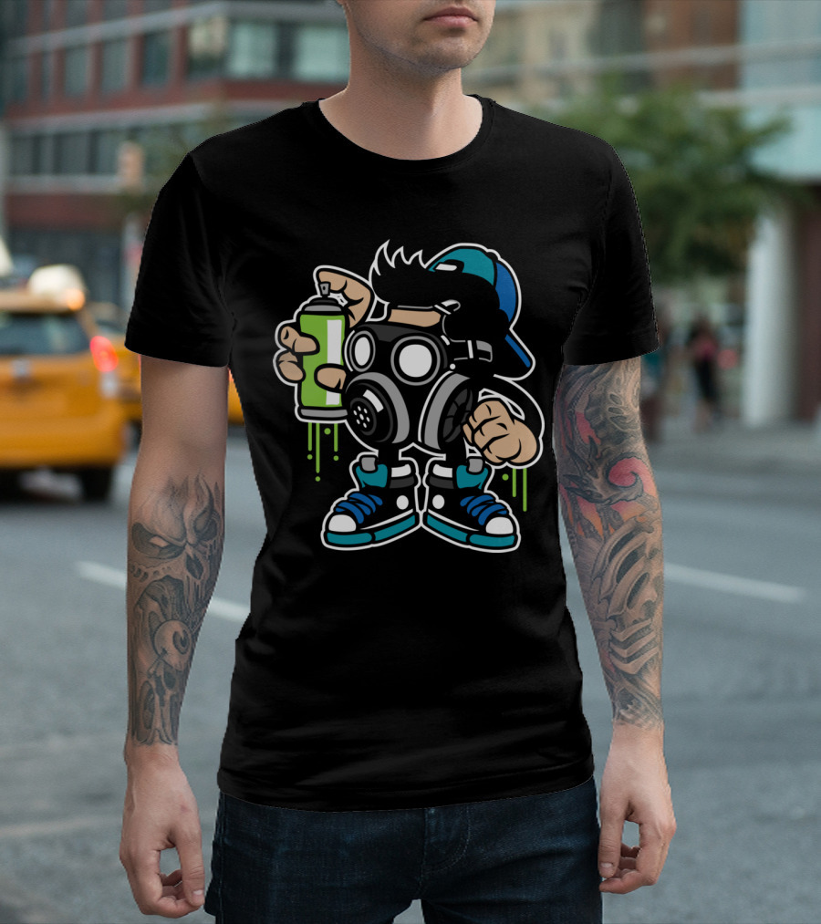 Bomber Graffiti Spray Can Character with Gas Mask and Cap T-Shirt