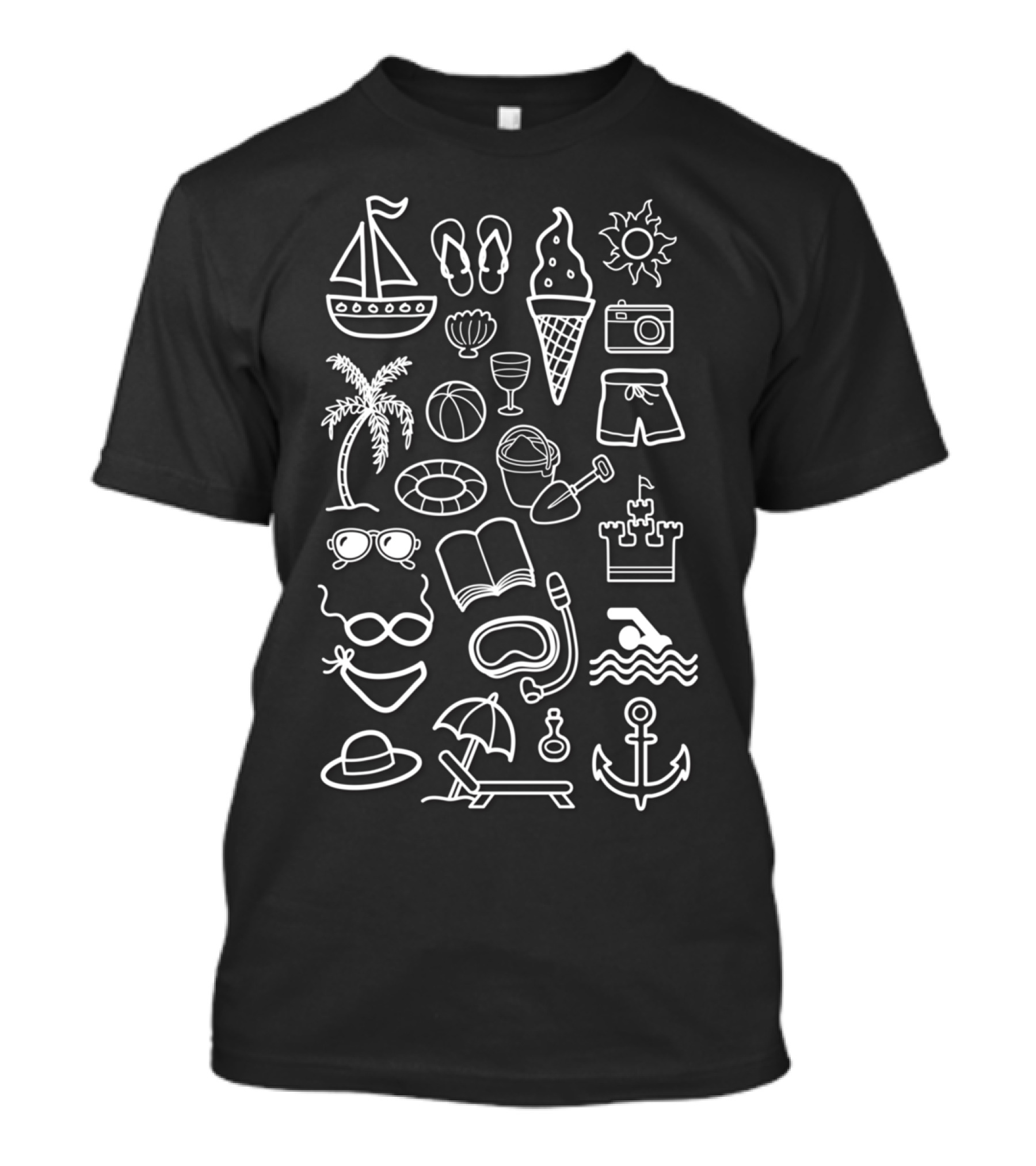 Beach Holiday Icons Flip Flops Ice Cream Anchor Palms Sunglasses Camera Sandcastle T-Shirt