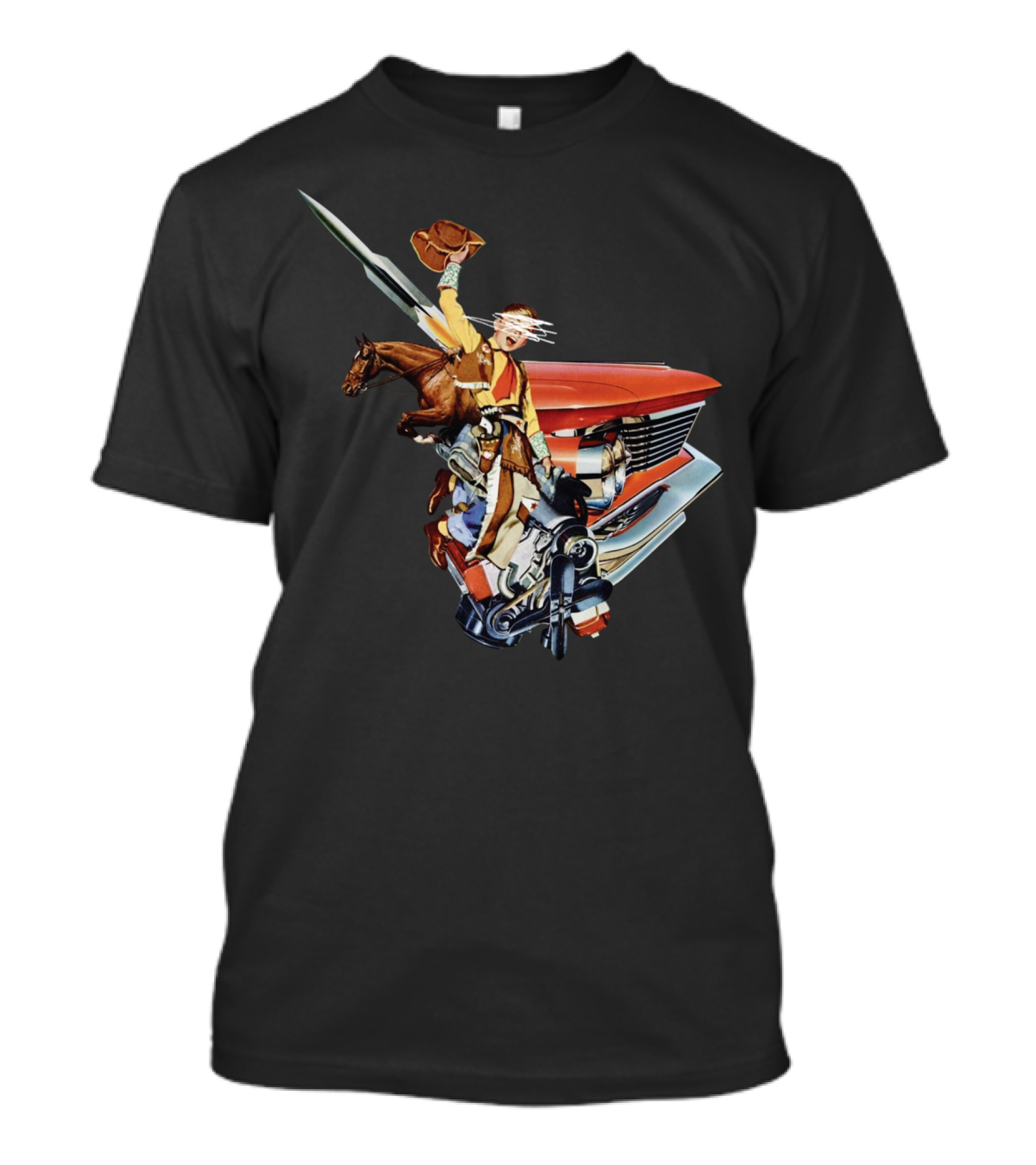Retro Cowboy Rodeo Rider With Vintage Car And Horse Mashup T-Shirt
