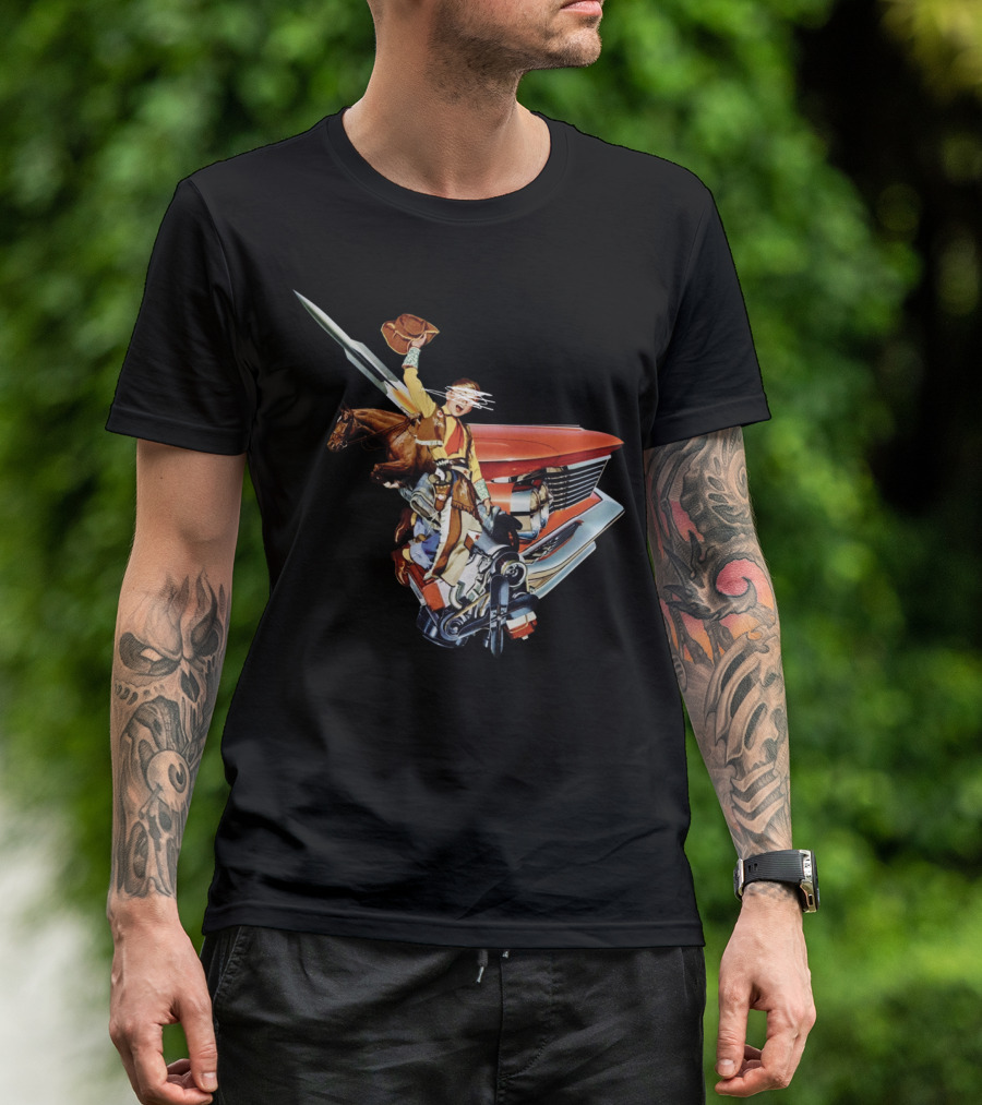 Retro Cowboy Rodeo Rider With Vintage Car And Horse Mashup T-Shirt