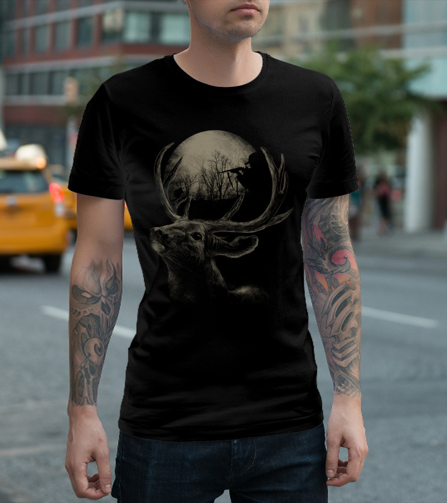 Take Your Aim Deer Hunter Under Moonlit Forest Scene T-Shirt