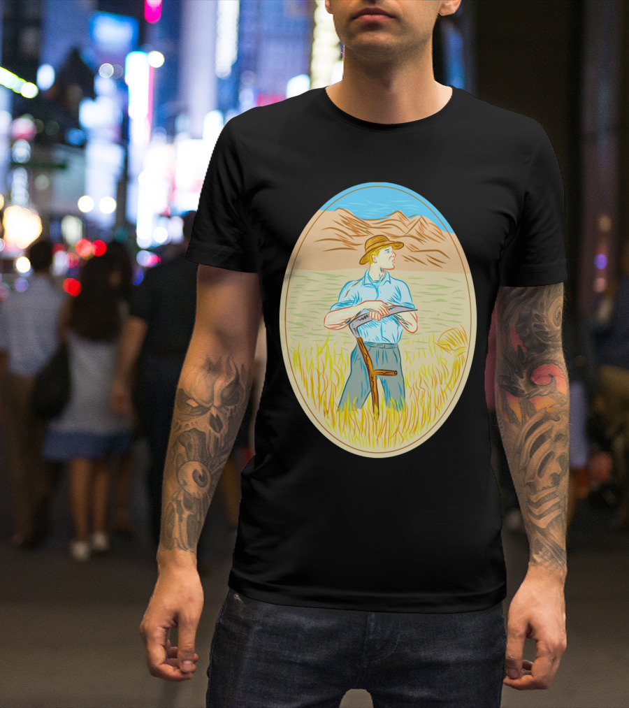 Wheat Organic Farmer Scythe Oval Vintage T-Shirt