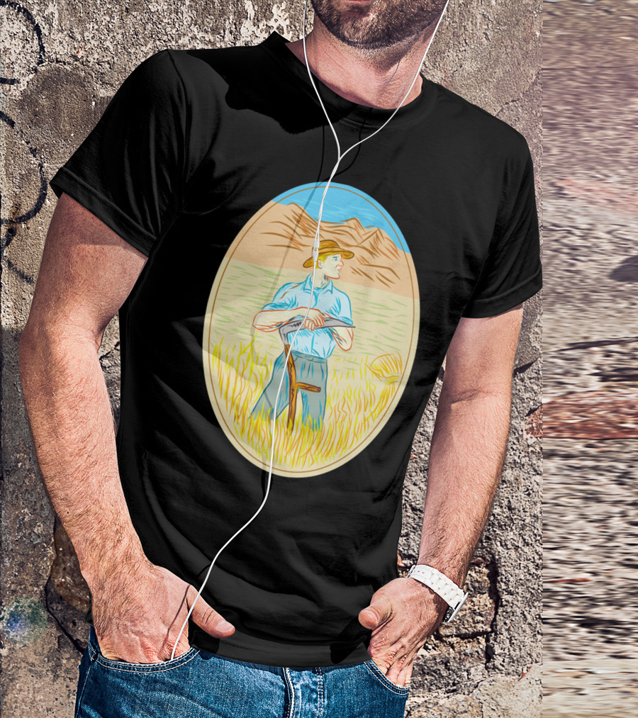 Wheat Organic Farmer Scythe Oval Vintage T-Shirt