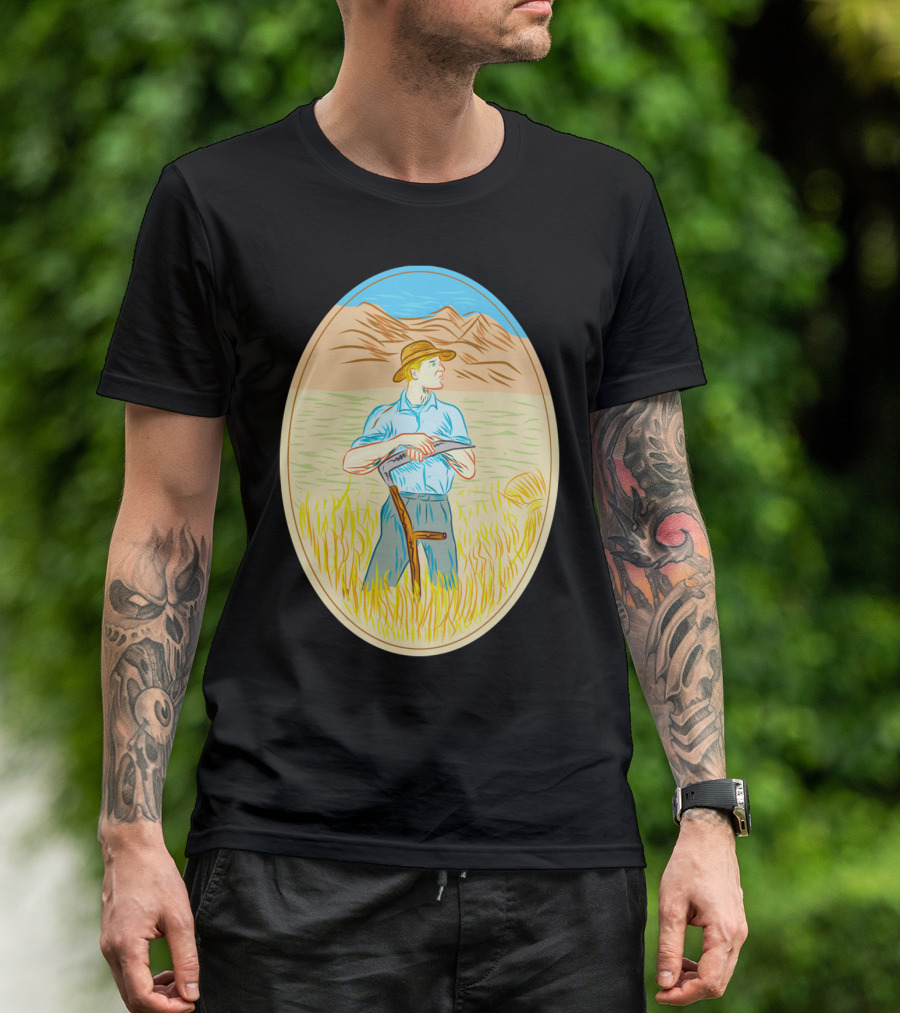 Wheat Organic Farmer Scythe Oval Vintage T-Shirt