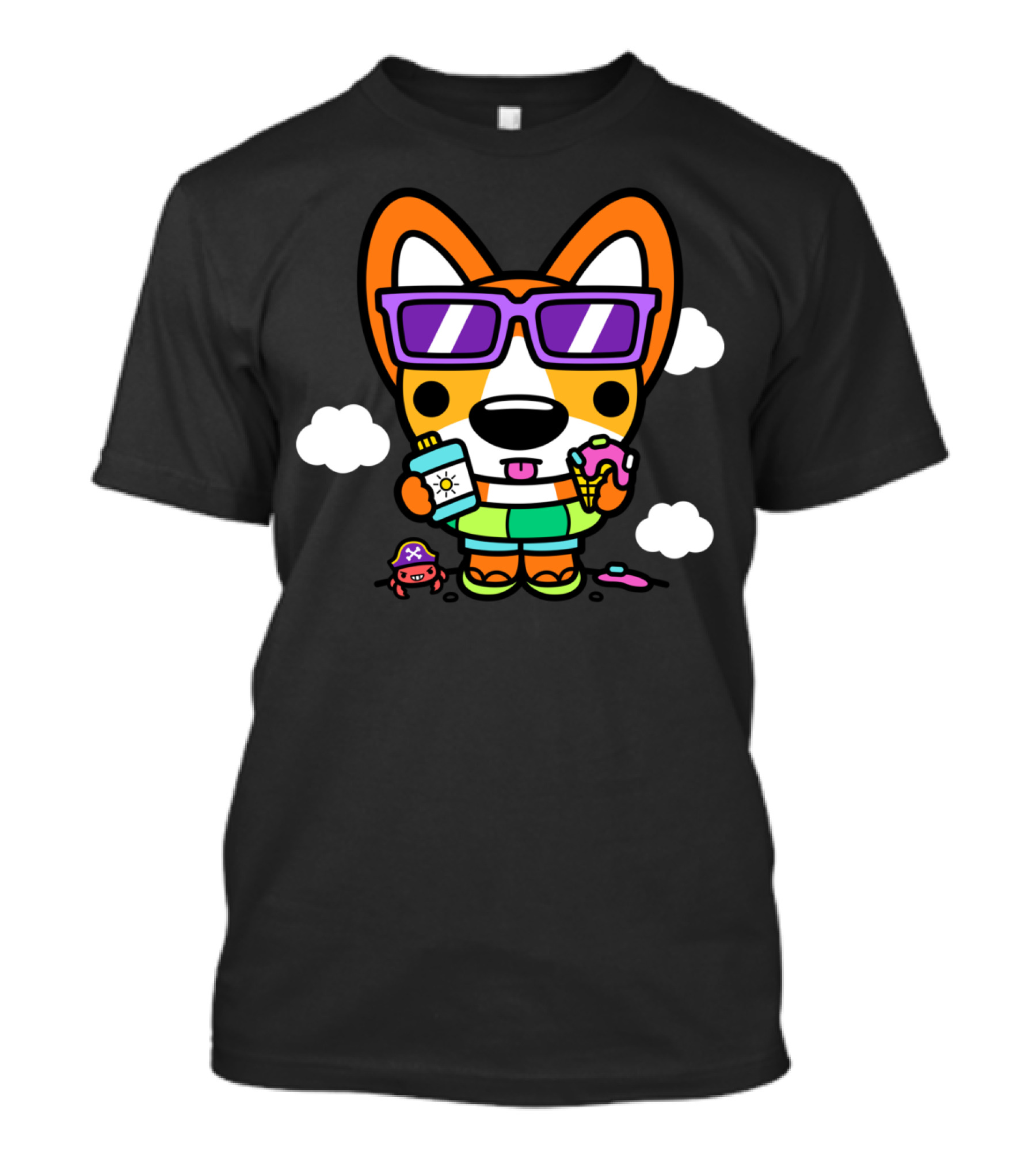 Beach Party Corgi With Sunglasses Ice Cream Sunscreen And Pirate Crab T-Shirt