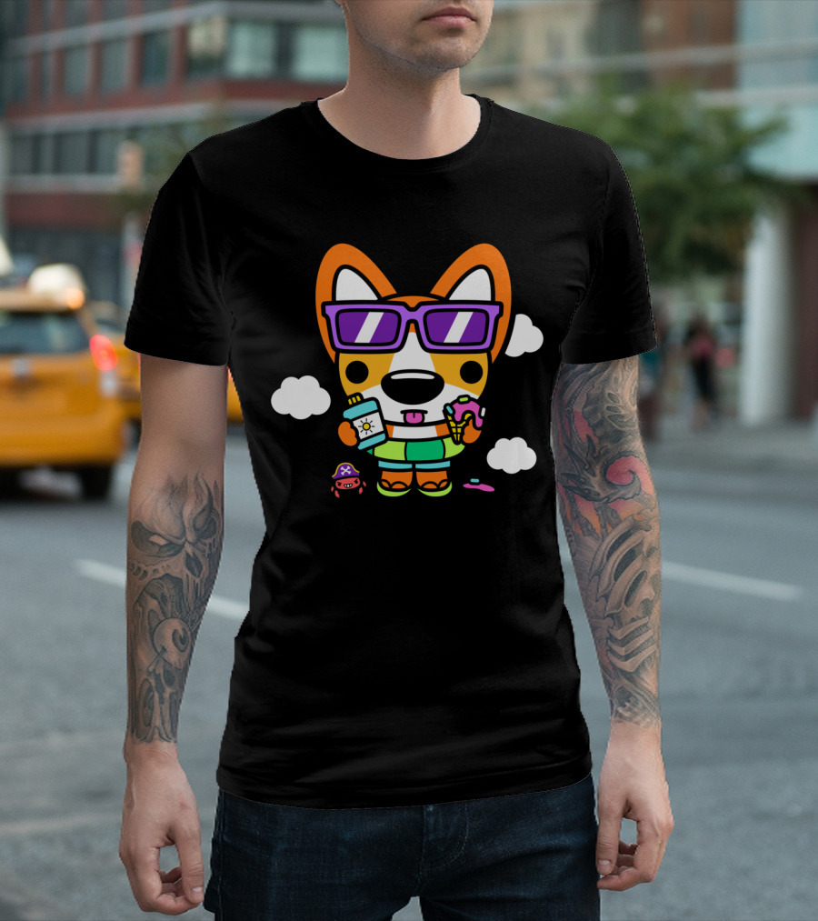 Beach Party Corgi With Sunglasses Ice Cream Sunscreen And Pirate Crab T-Shirt