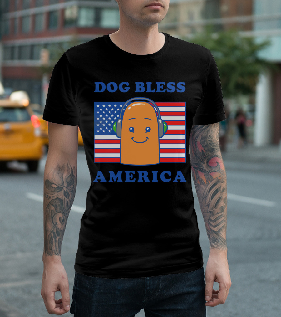 Dog Bless America Headphone Emoji with American Flag T-Shirt