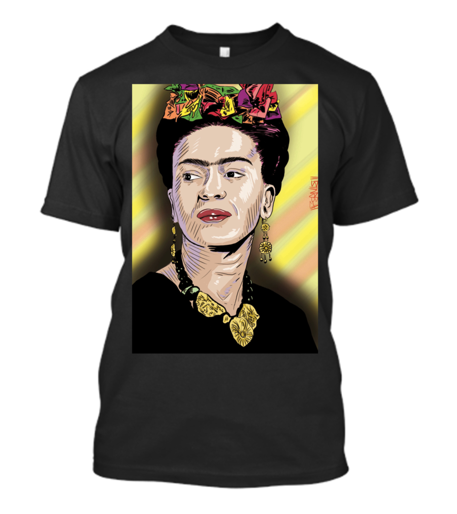 Frida Colorful Portrait With Floral Headpiece And Bold Jewelry T-Shirt