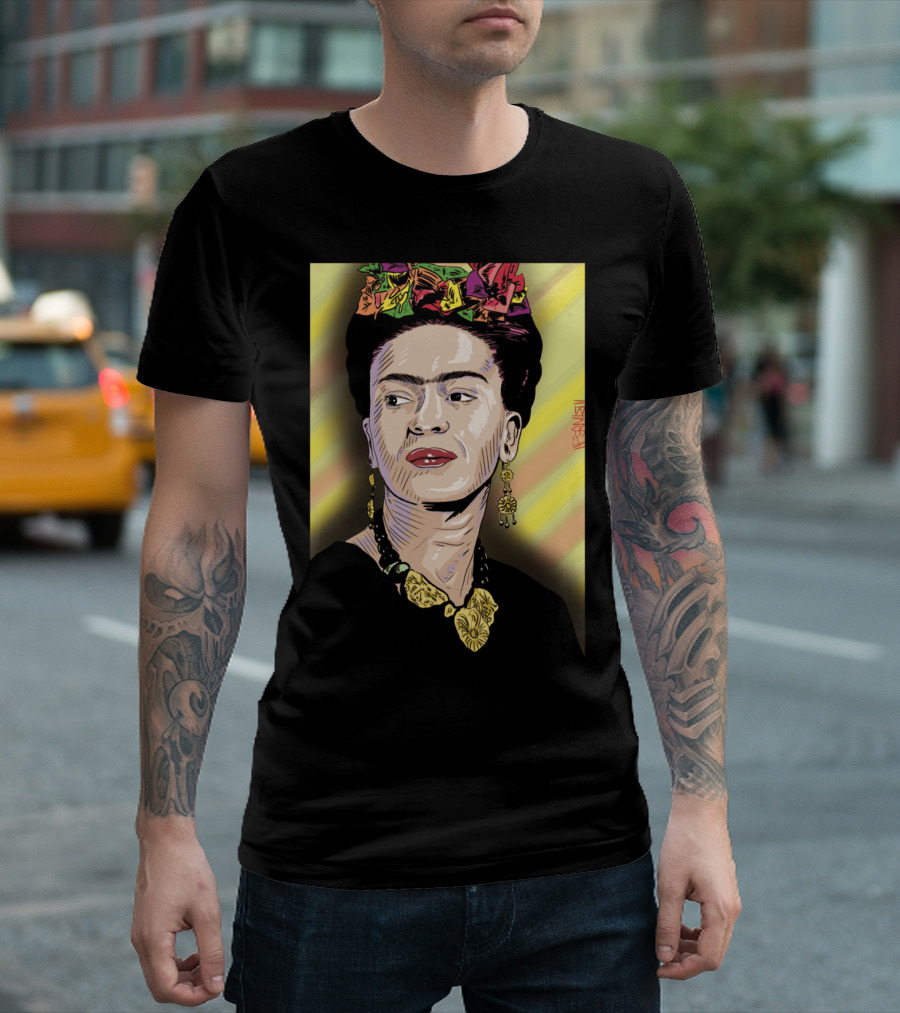 Frida Colorful Portrait With Floral Headpiece And Bold Jewelry T-Shirt